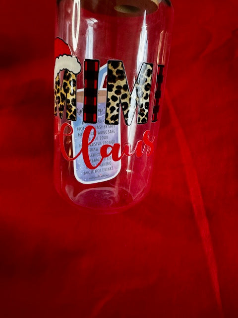 Mimi Clause 16 oz glass tumbler with lid and straw