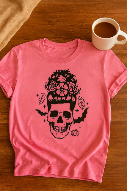 Adult Pink Floral Skull Tee