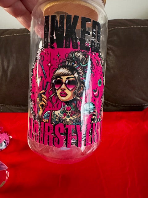 Inked Hairstylist 16 oz glass tumbler with lid and straw