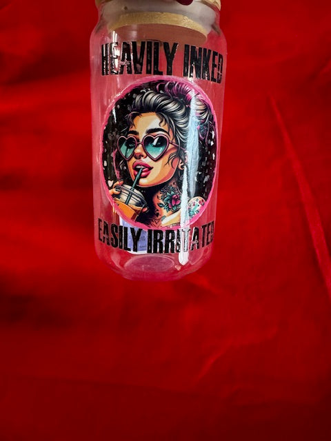 Heavily Inked easily irritated 16 oz glass tumblers with straw