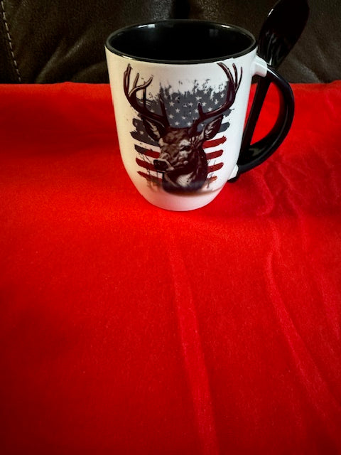 11 0z American flag / deer mug with spoon